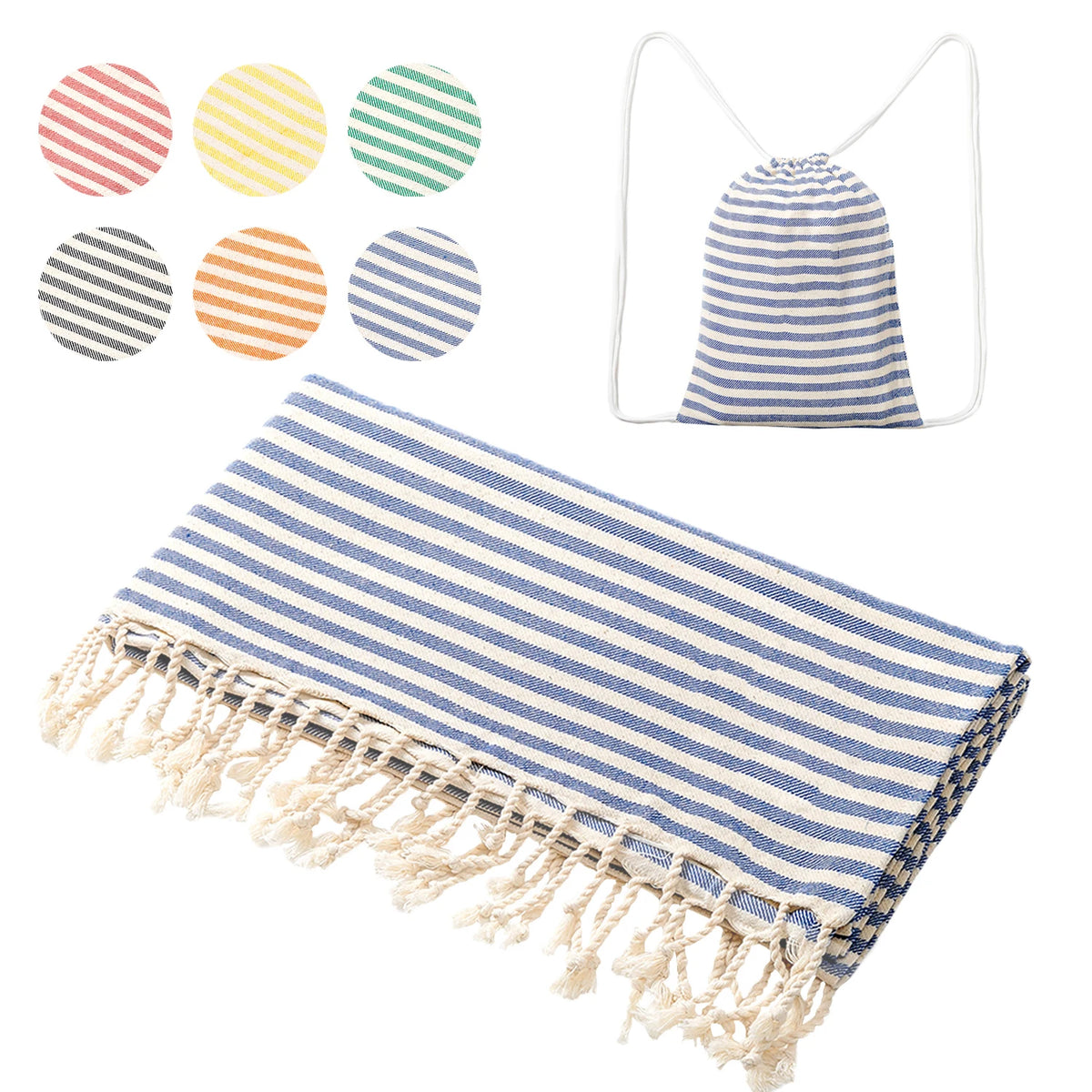 serviette plage rayée bleu marine sac dos coton polyester absorbant casual sportif