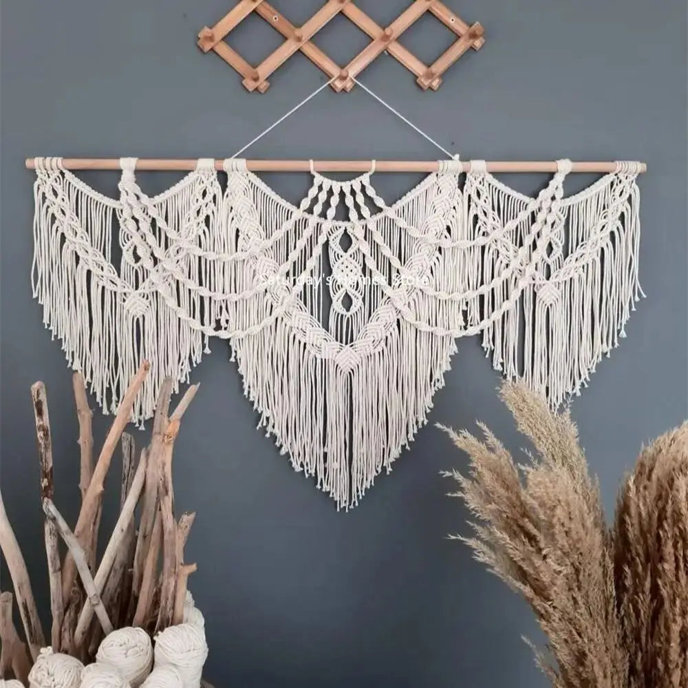 tapisserie bohème macramé coton blanc noeuds géométriques franges opaque salon chambre