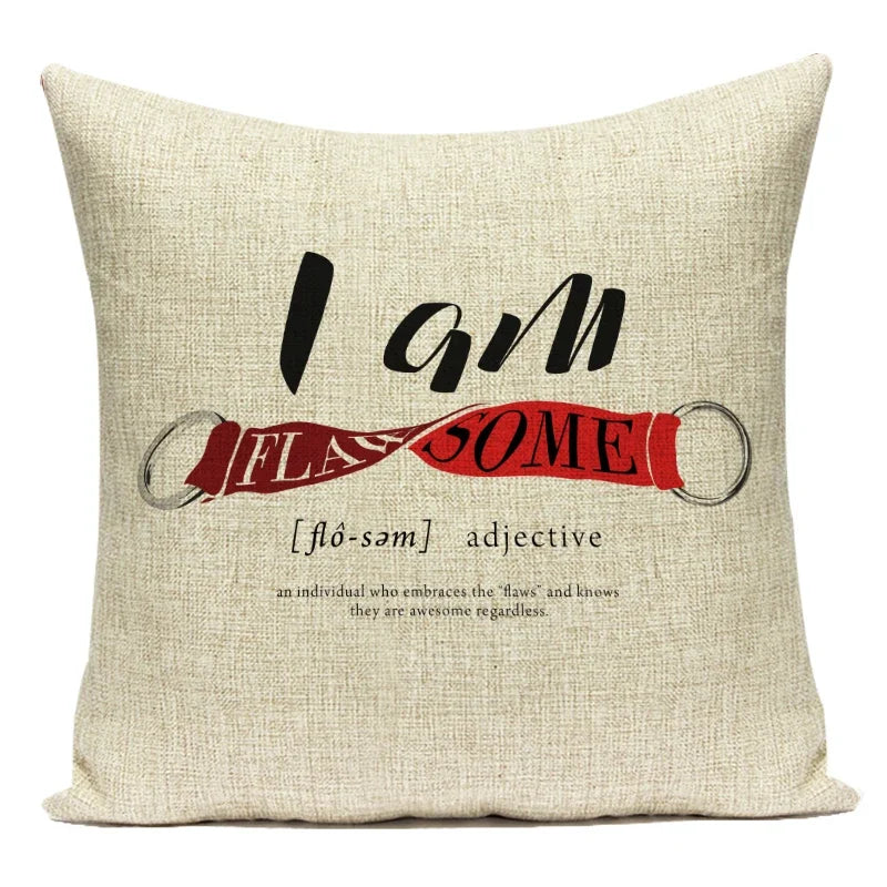 housse coussin carrée beige clair motif lettre décorative salon canapé lit coton polyester