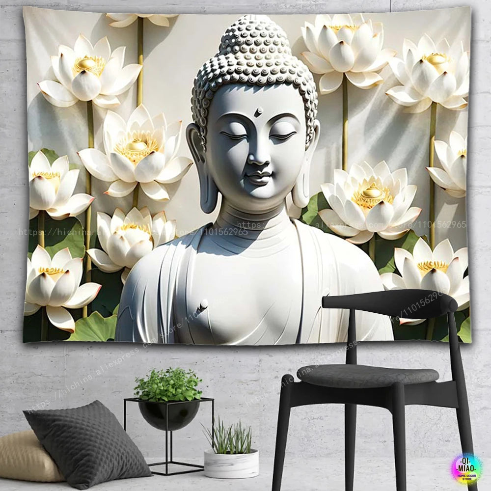 tapisserie decor rectangle blanc gris bouddha lotus classique opacité decoration murale accessoire chambre