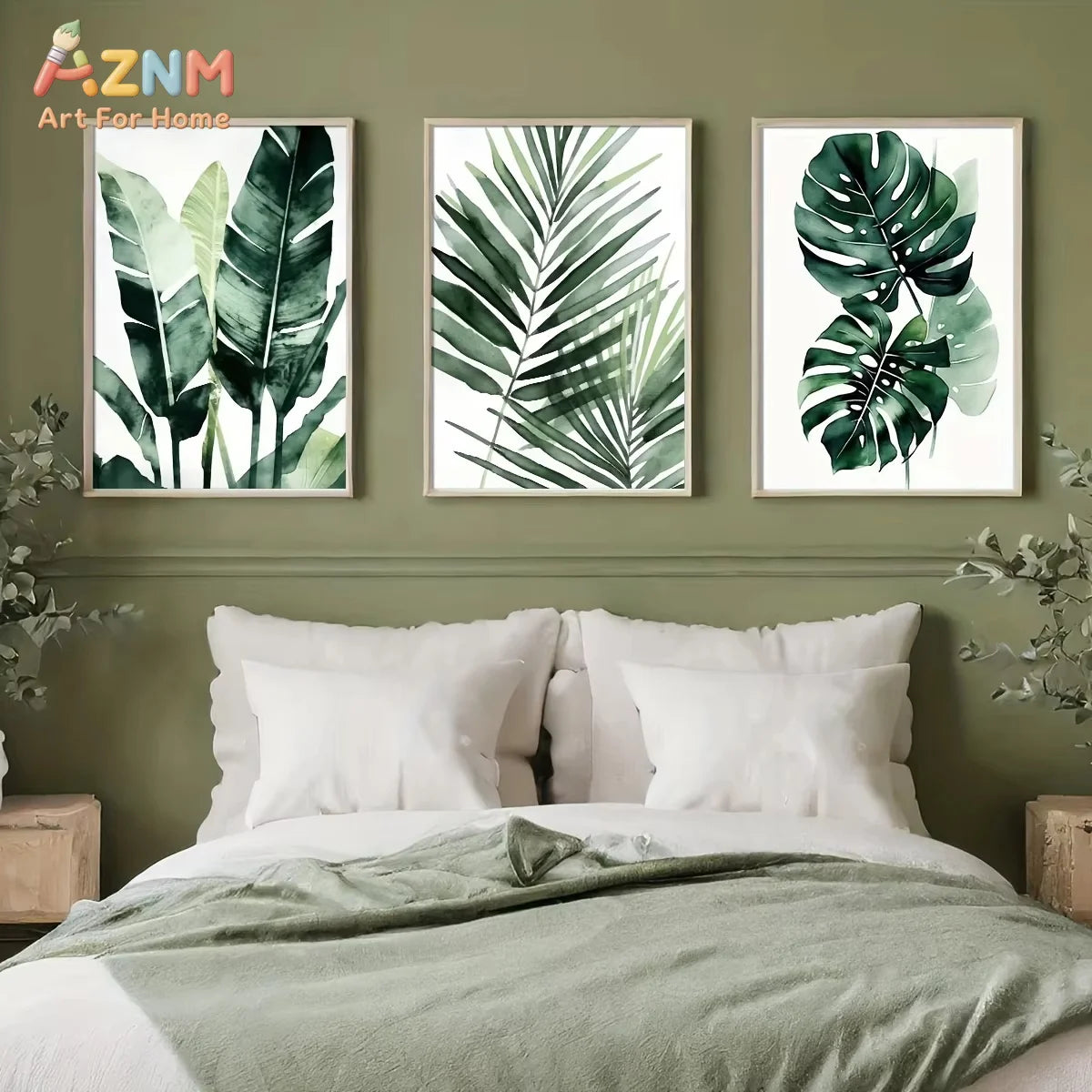affiches murales modernes feuilles tropicales vertes deco salon cadres bois minimalistes