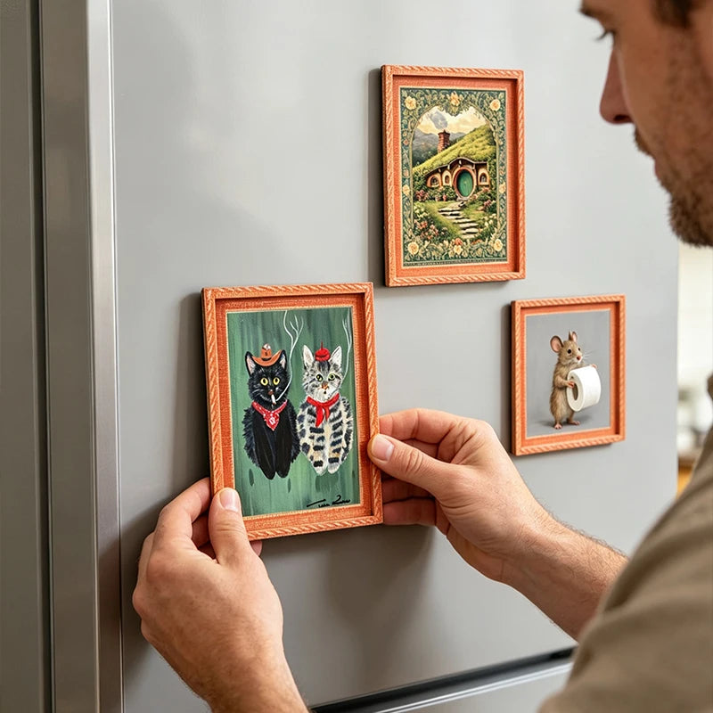 cadre magnétique bois orange motif animaux paysages artistique décoration mur