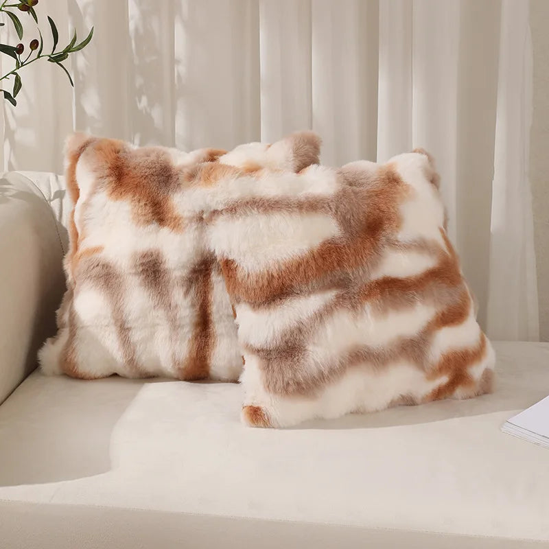 coussins décoratifs moderne peluche rayures horizontales blanc marron clair beige adhésifs
