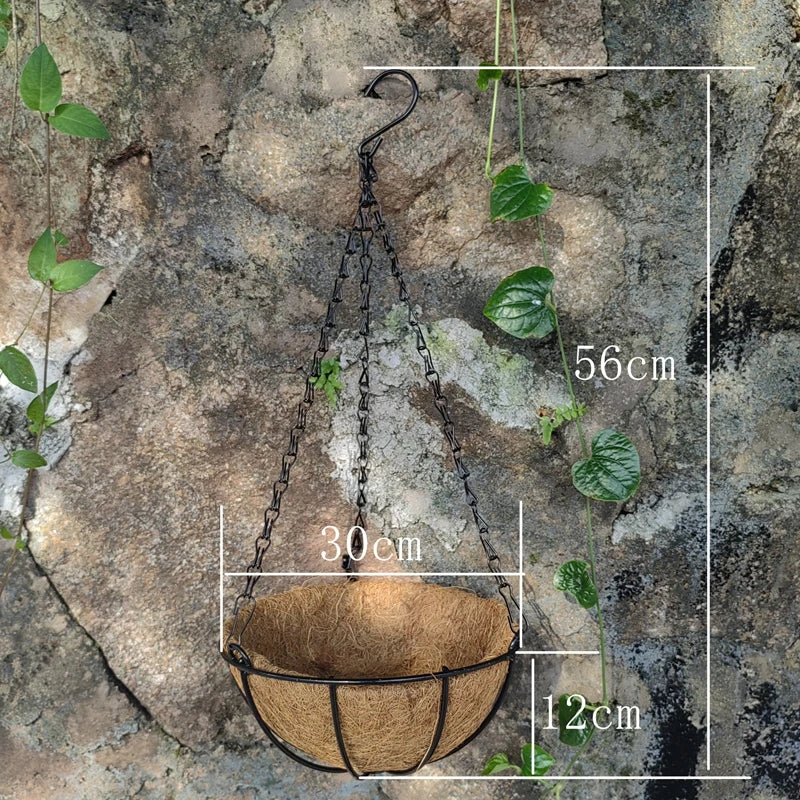 panier suspendu fibre coco chaînes métal marron clair plante verte jardin rustique naturelintérieurextérieur