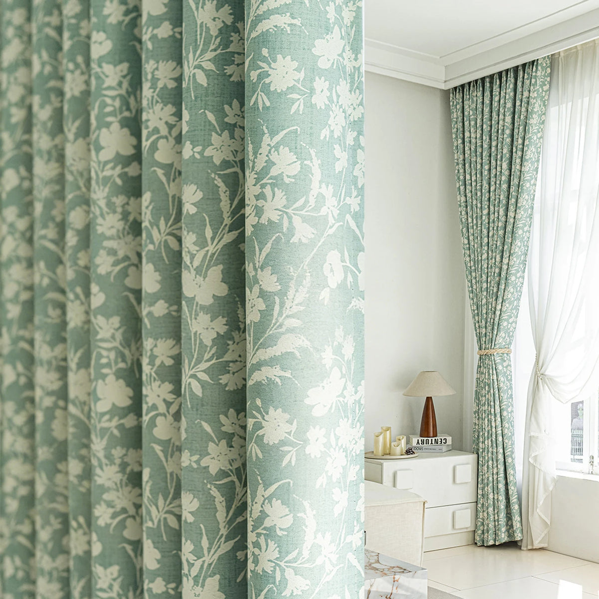 rideau imprimé motifs floraux semi translucemment vert menthe beige blanc bohème tringle rideau