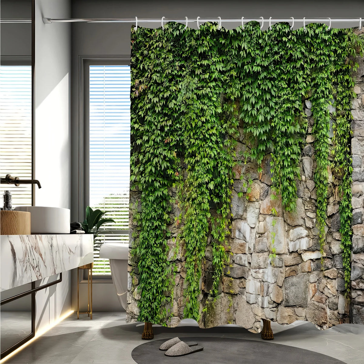 rideau douche polyester moderne feuilles vertes pierres grises opaque anneaux métalliques vert gris 180x180cm