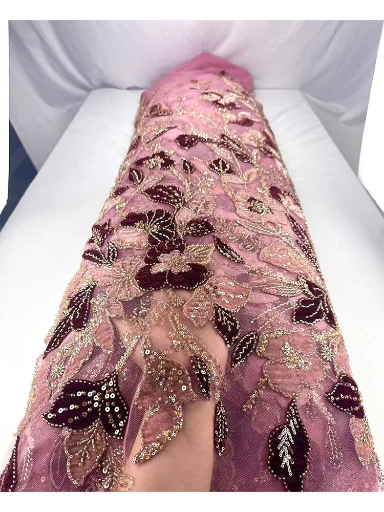 tissu dentelle fleurs broderie paillettes polyester coton mariage translucide violet bleuclair rouge gris marron