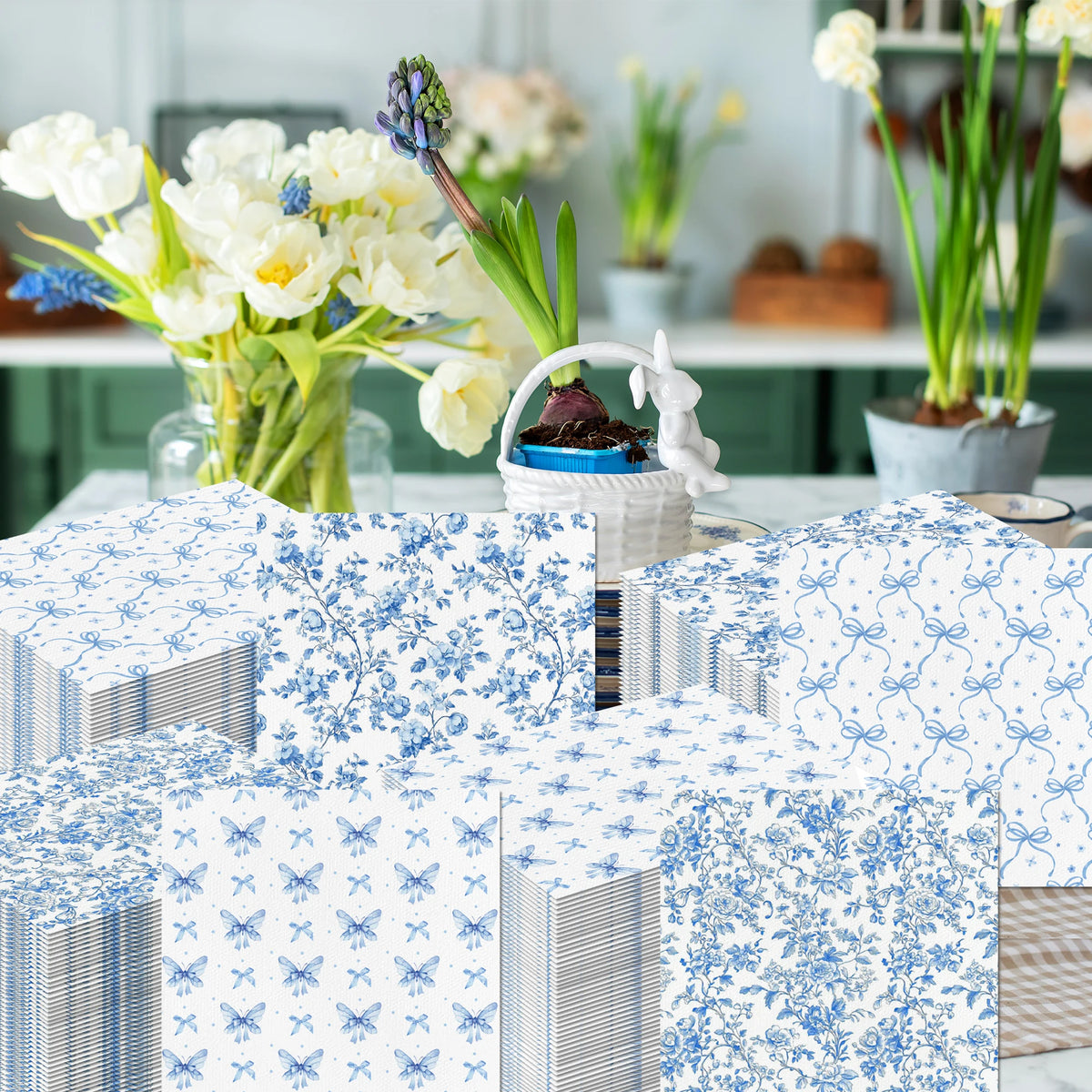 serviettes jetables fleurs papillons blanc bleu mariage anniversaire decoration event vintage classique pack 20