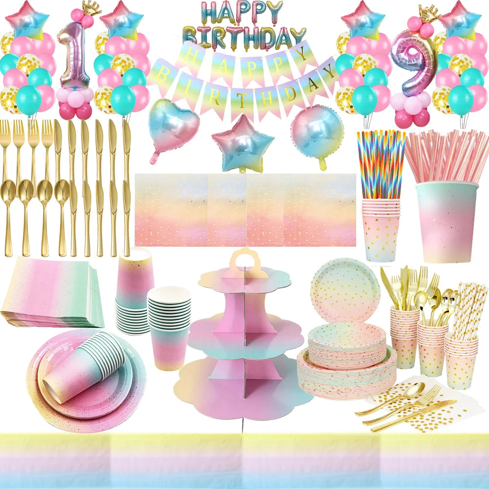 vaisselle jetable anniversaire pastel rose bleu vert doré assiettes gobelets serviettes ballons décorations fête