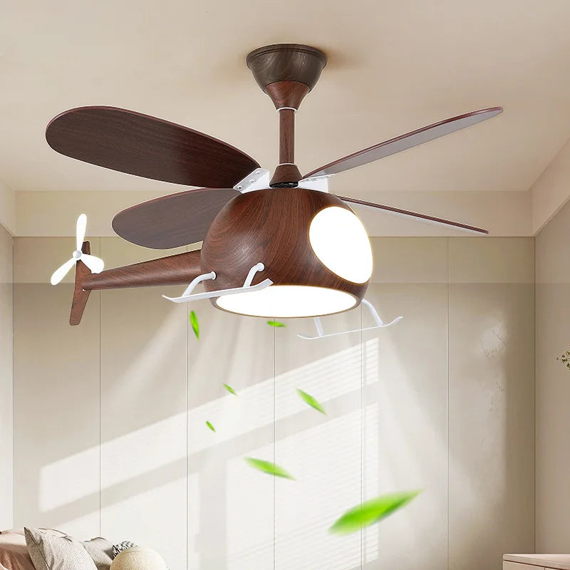 ventilateur intelligent enfants bois lumières led hélicoptère moderne télécommande