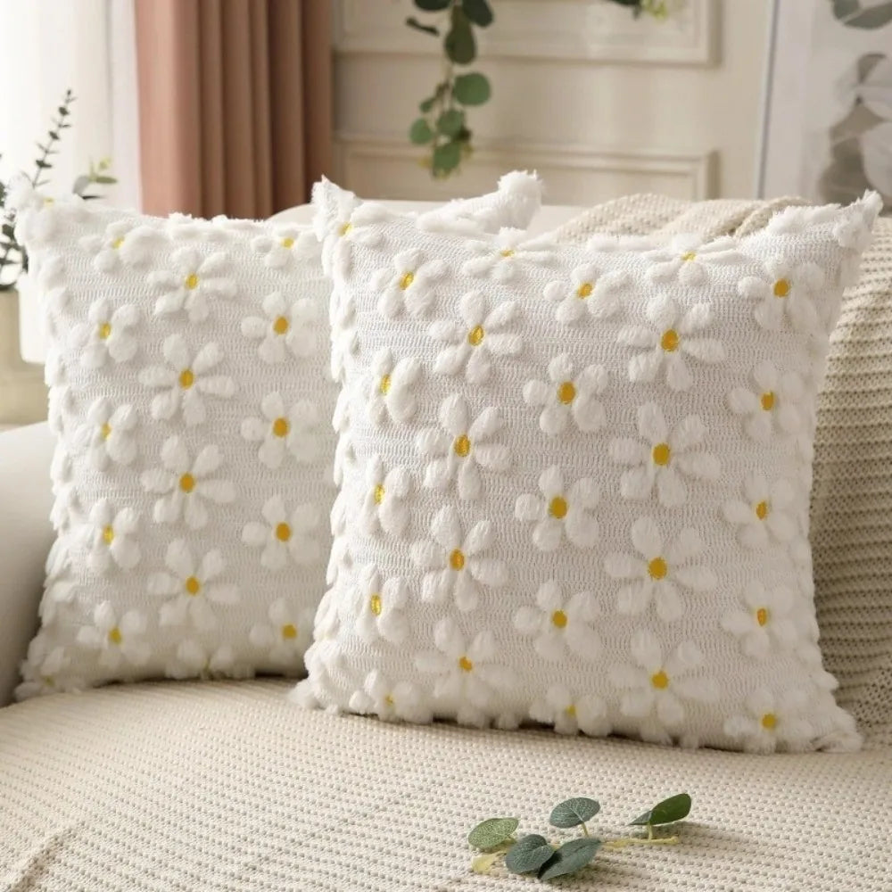 housses coussin brodées marguerite faux fourrage blanc rose vert dimensions 45x45cm 30x50cm 40x40cm decoration
