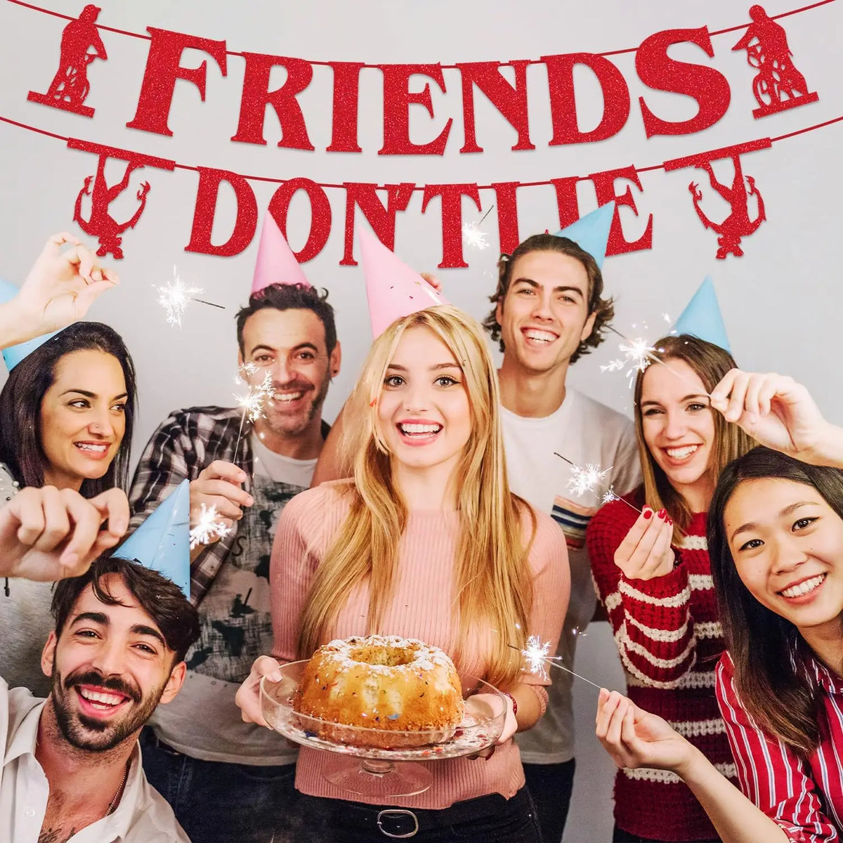 guirlande festive anniversaire stranger things bannières lettres FRIENDS DONTLIE paillettes rouge silhouettes personnages