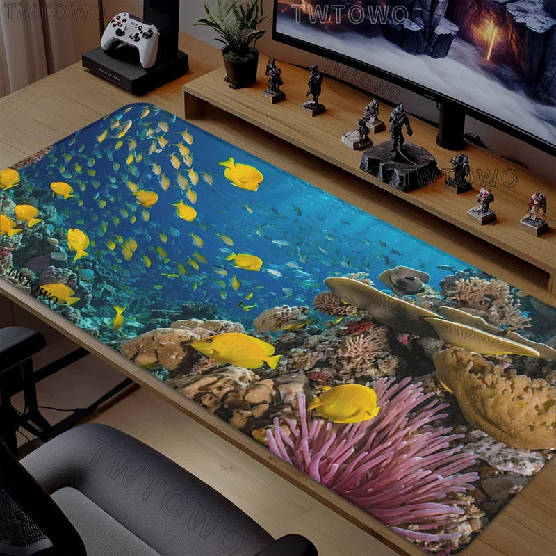 tapis souris gamer xxl noir motif sous marin coraux poissons tortue ordinateur
