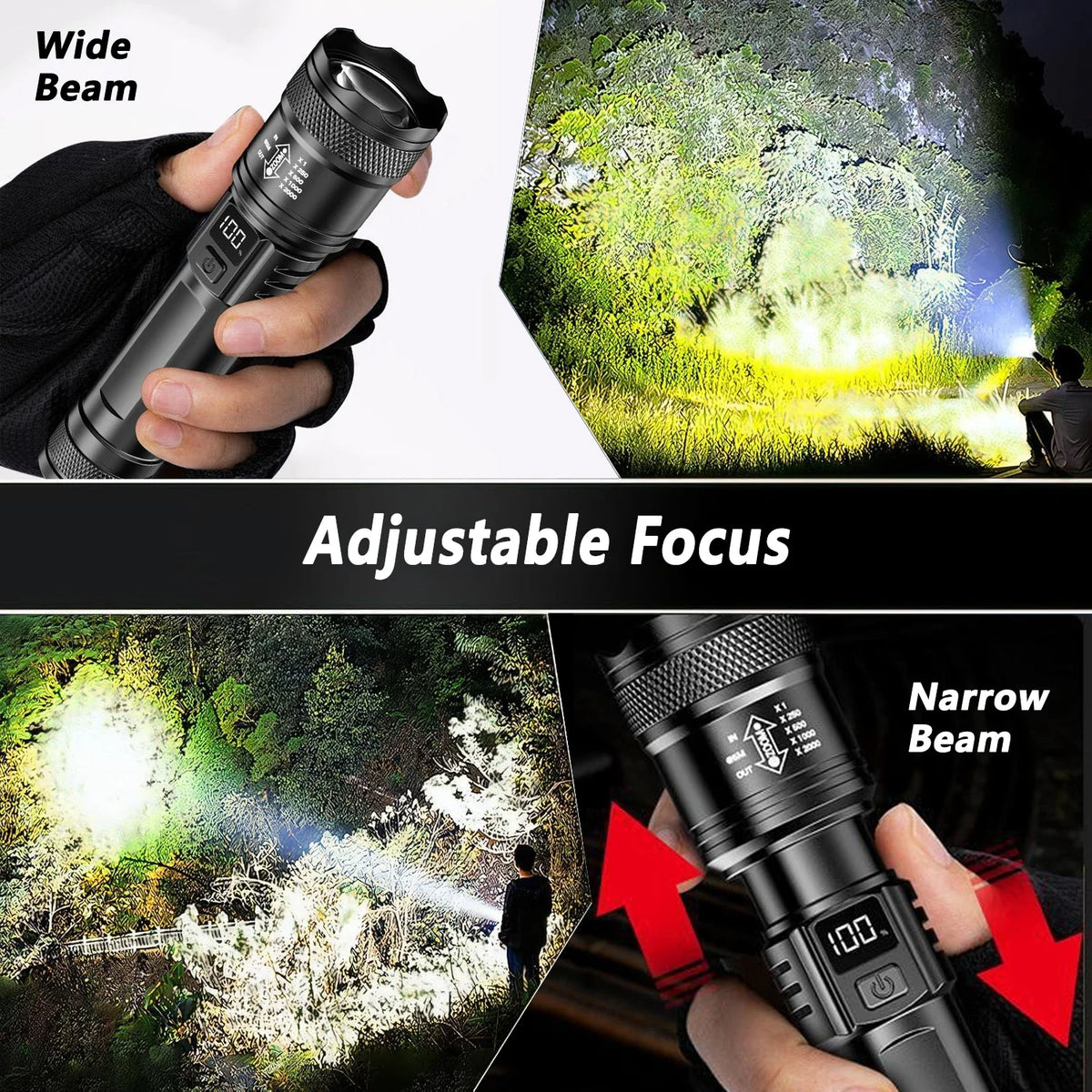 lampe torche noire rechargeable led zoomable écran lcd modes auto défense camping