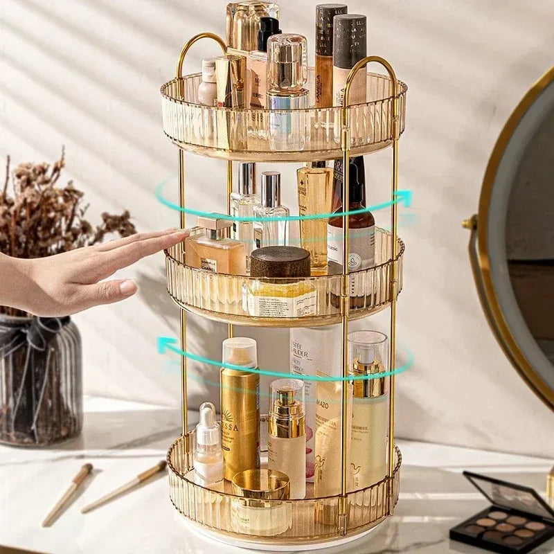 organisateur maquillage rotatif or vert olive moderne élégant extensible multiple rangements bouteilles tubes flacons