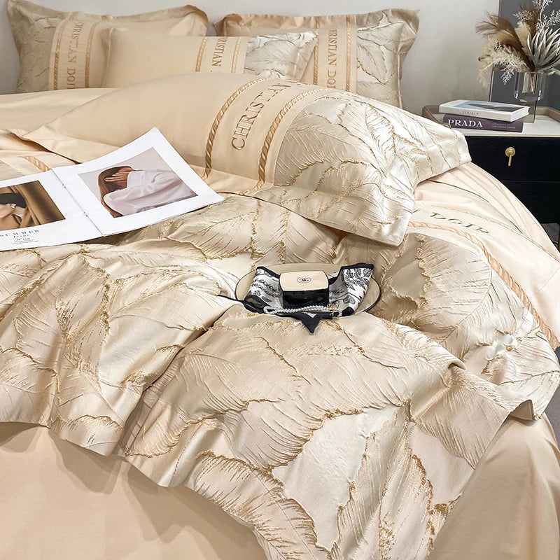 drap housse couette taies d'oreiller coton sergé feuilles dorées élégantes oreillettes beige bleu rose