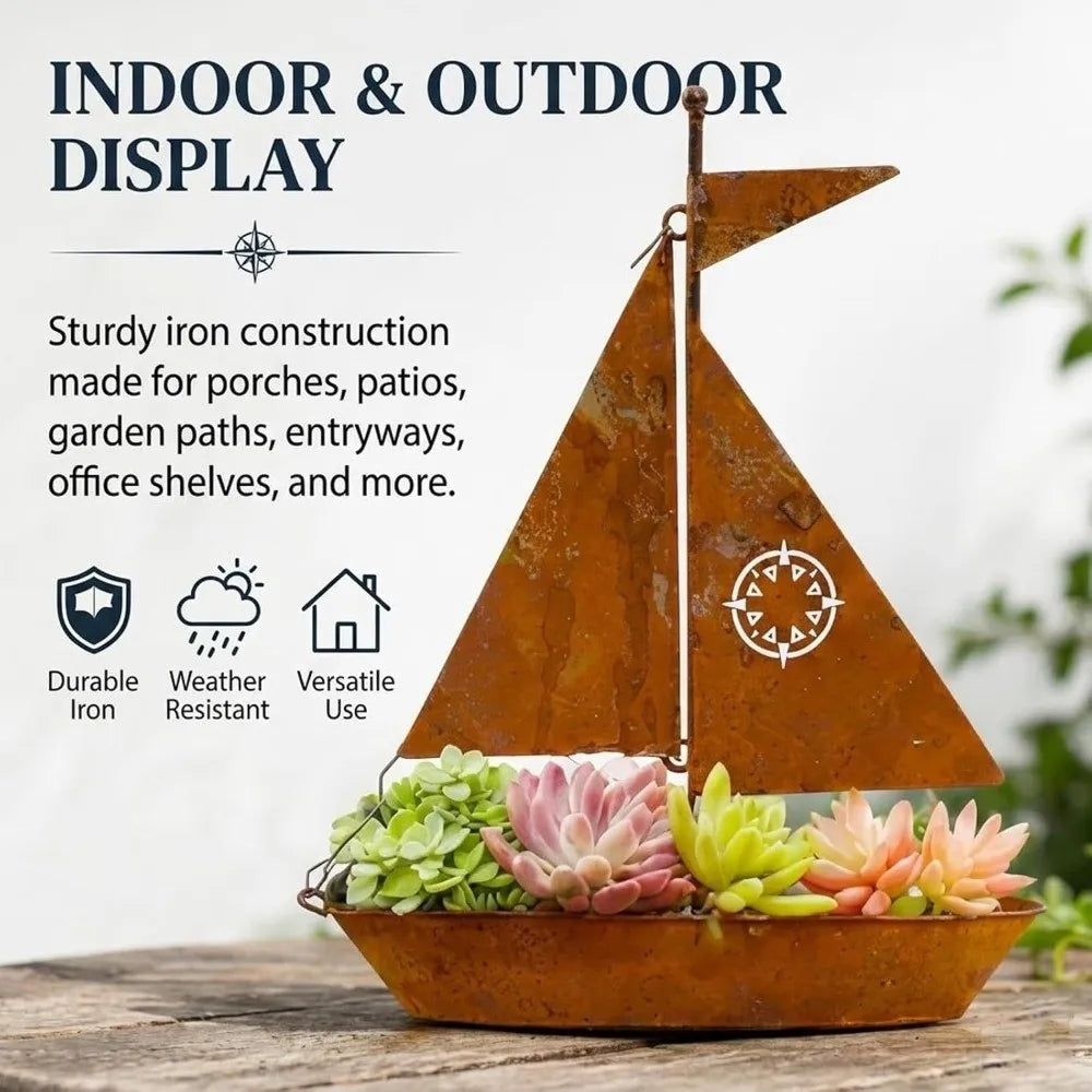 Bateau métal doré gravure compas artisanal décoratif plante succulenteextérieur résistant intempéries