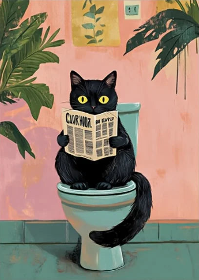 affiche toile chat noir toilettes plantes papier peint vintage humour illustration wall art decoration
