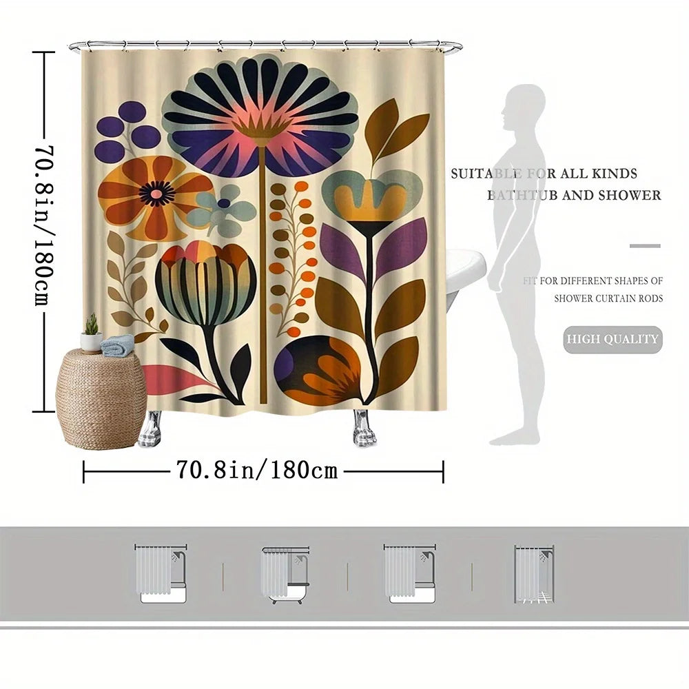 rideau douche floral vintage motifs abstraits couleurs vives polyester moderne 180x180cm anneaux métalliques