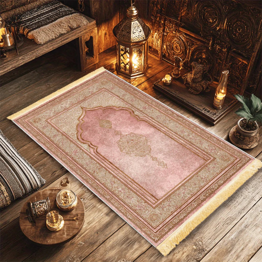 tapis rose ornements floraux lavable polyester classique voyage prière plage cuisine