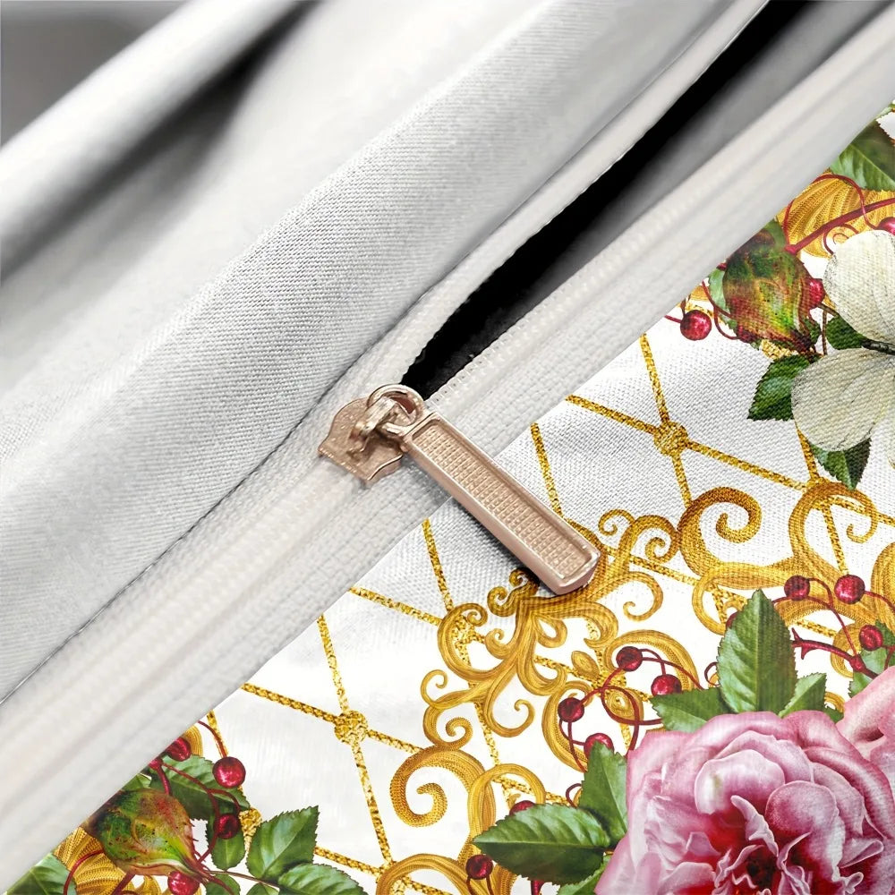 ensemble literie floral motif roses baroques couleurs or vert rose blanc double king queen