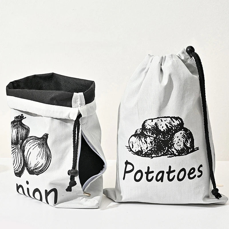 sacs rangement tissu blanc noir ail pommes terre oignon dessin légumes rustique fermé éclair