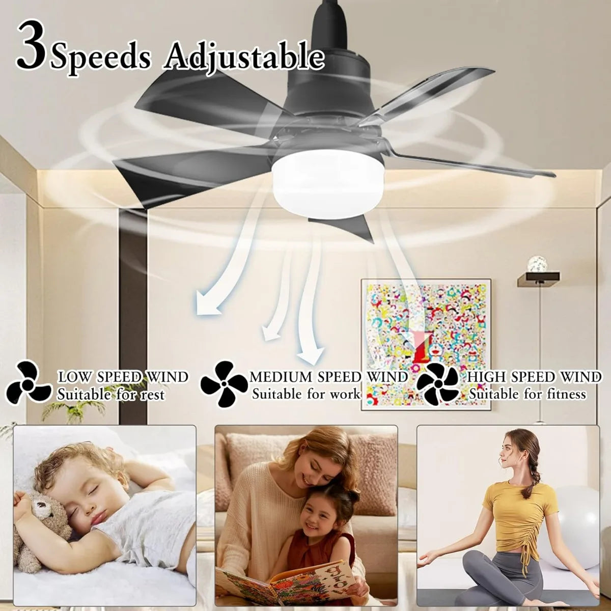 ventilateur led noir moderne télécommande variateur intensité aération chambre salon