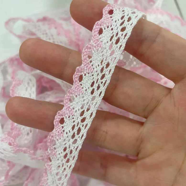 ruban dentelle coton blanc rose fine bordure classique élastique écologique 10mètres 15cm
