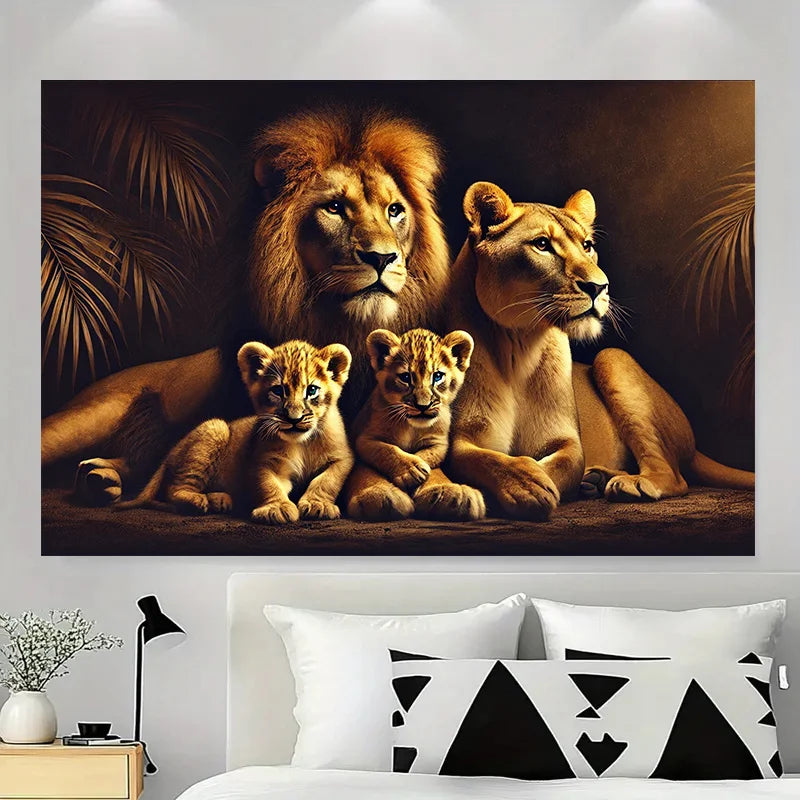toile fond famille lions marron beige noir classique réaliste clips inclusion Jacquard polyester MACHINE