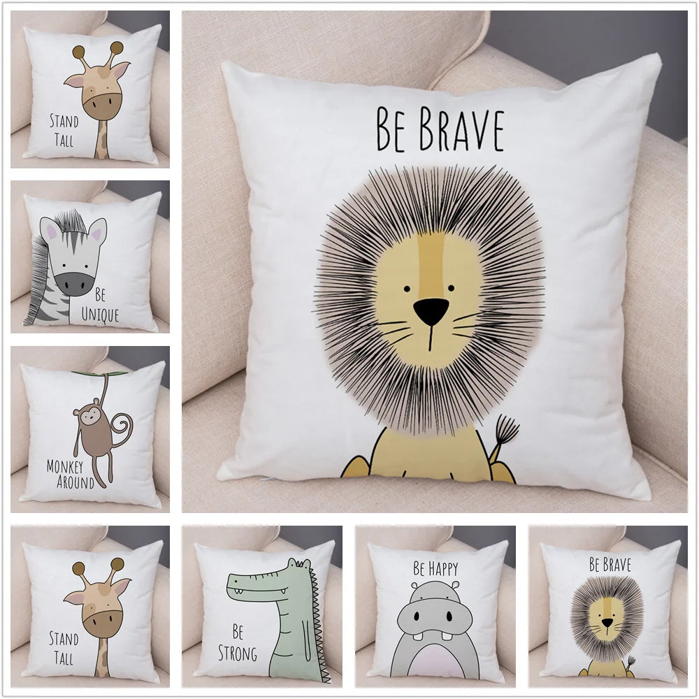 taies d'oreiller animaux girafe lion hippopotame cartoon couleurs positives be brave be unique