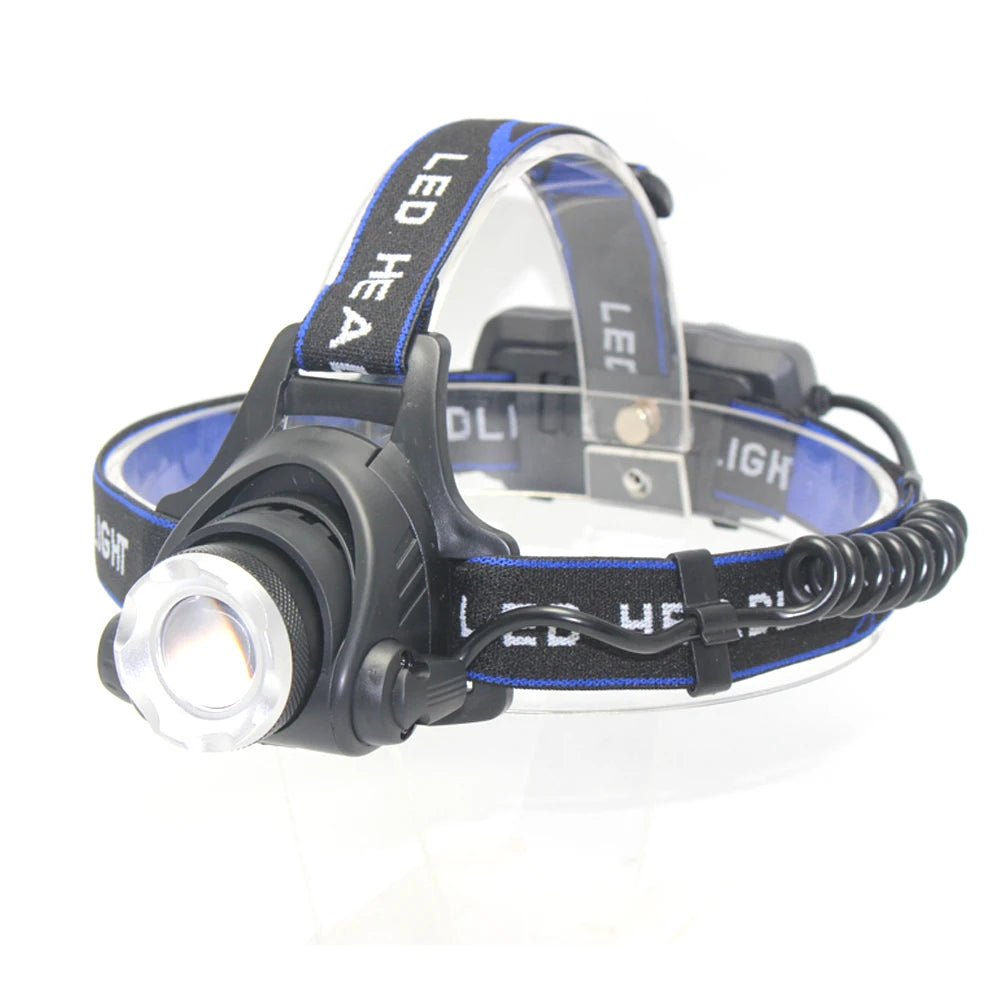 lampe frontale led noir bleu rayures diagonales bande transparente moderne pratique chargeur usb