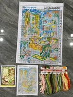 kit broderie point croix chambre lit fenetre bibliothèque livres couleurs vert rose jaune orange