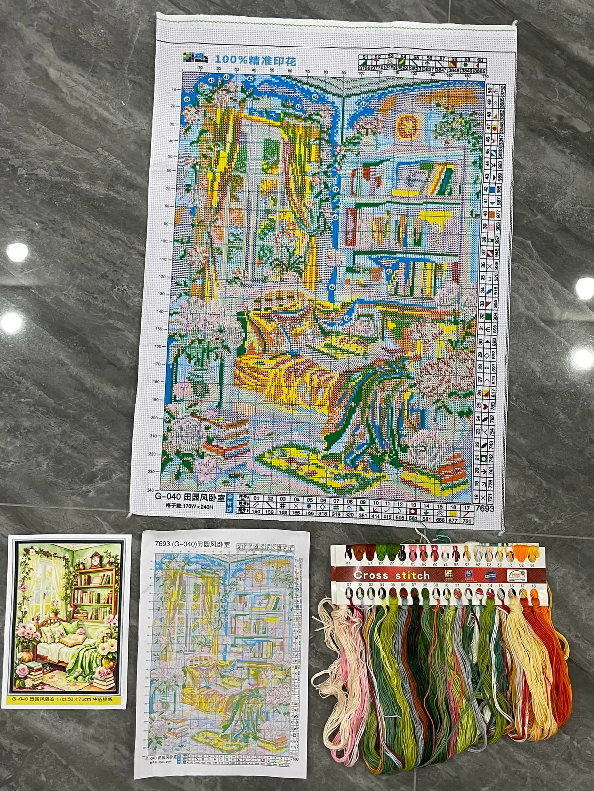 kit broderie point croix chambre lit fenetre bibliothèque livres couleurs vert rose jaune orange