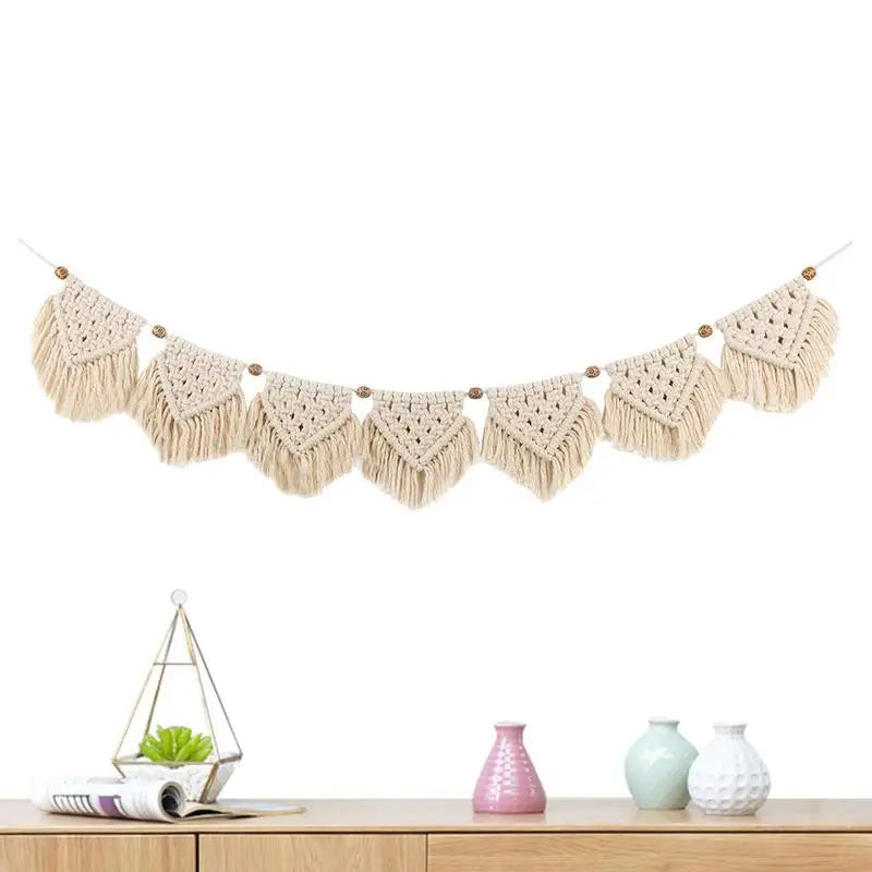 guirlande décorative macramé bohème crème triangles franges suspension bois ethnique