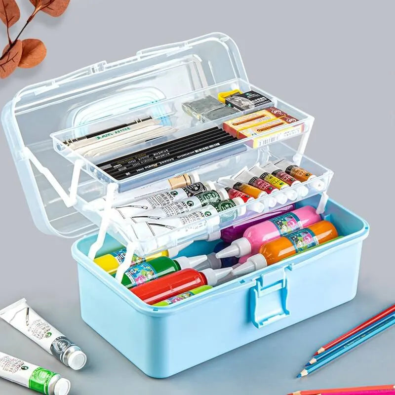 boîte rangement transparente bleu rose blanche pinceaux peinture crayons étudiants compartiments modernes pratiques