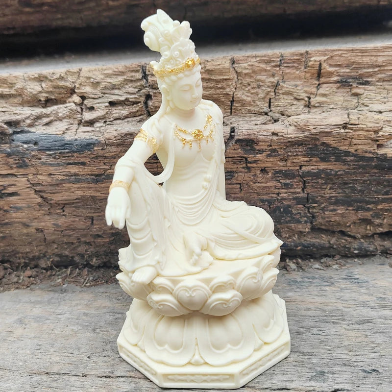 statue bouddhiste résine figure féminine lotus socle floral décoration intérieure inspiration zen traditionnelle asiatique