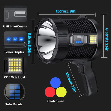 projecteur poche lumineux led rechargeable panneau solaire outdoor camping autodéfense banque alimentation resistant chocs