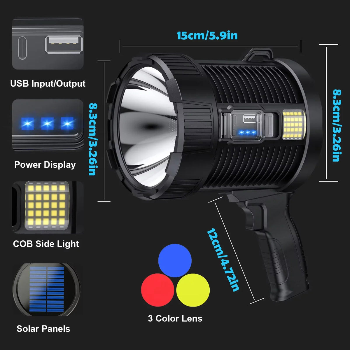 projecteur poche lumineux led rechargeable panneau solaire outdoor camping autodéfense banque alimentation resistant chocs