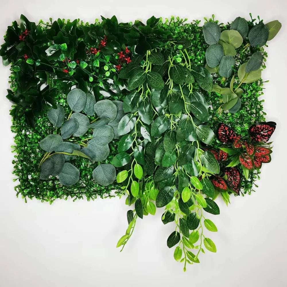 plantes artificielles vertes feuilles variées fruits rouges extérieures accrochées décoration naturelle maison exposition