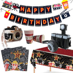 décoration fête anniversaire guirlande happy birthday bannières cinématographiques serviettes papier boîtes carton caméra gonflable