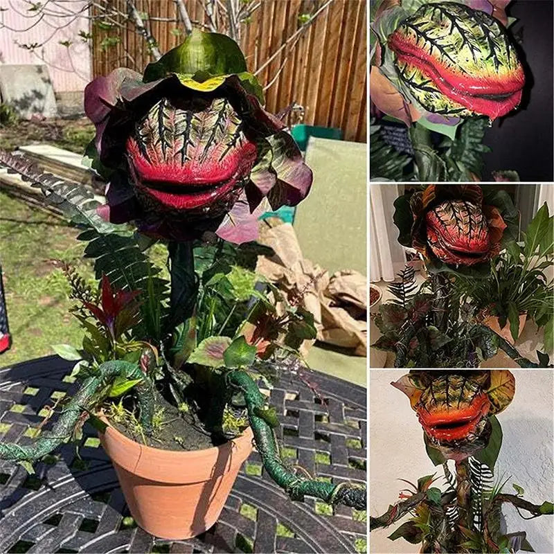 statue plante carnivore audrey ii halloween réplique plante vert rouge marron feuilles texturées pot