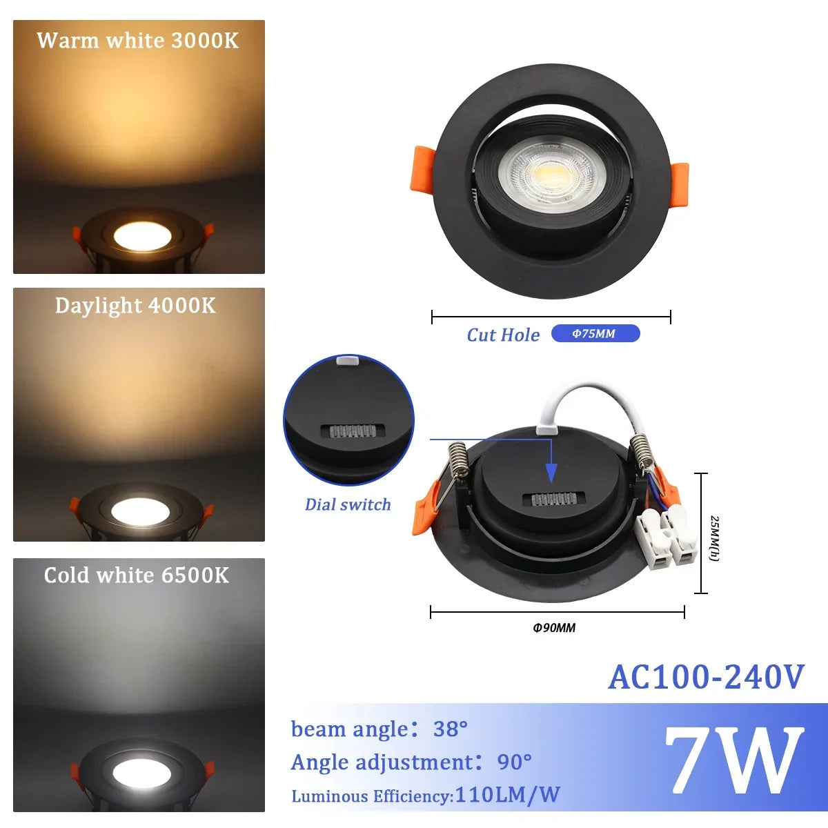 Spot LED encastrable blanc rond carré moderne switch cct 25000h lumens 121v 240v