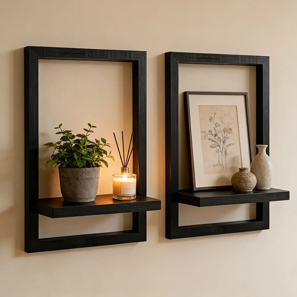 étagères murales noires texture bois modernes adhésives plantes bougie vase photo