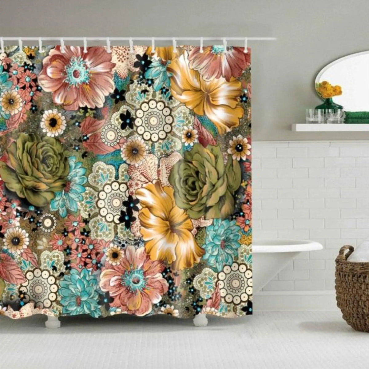 rideau douche boho multicolore fleurs mandalas geometrique opaque polyester respectueux environnement