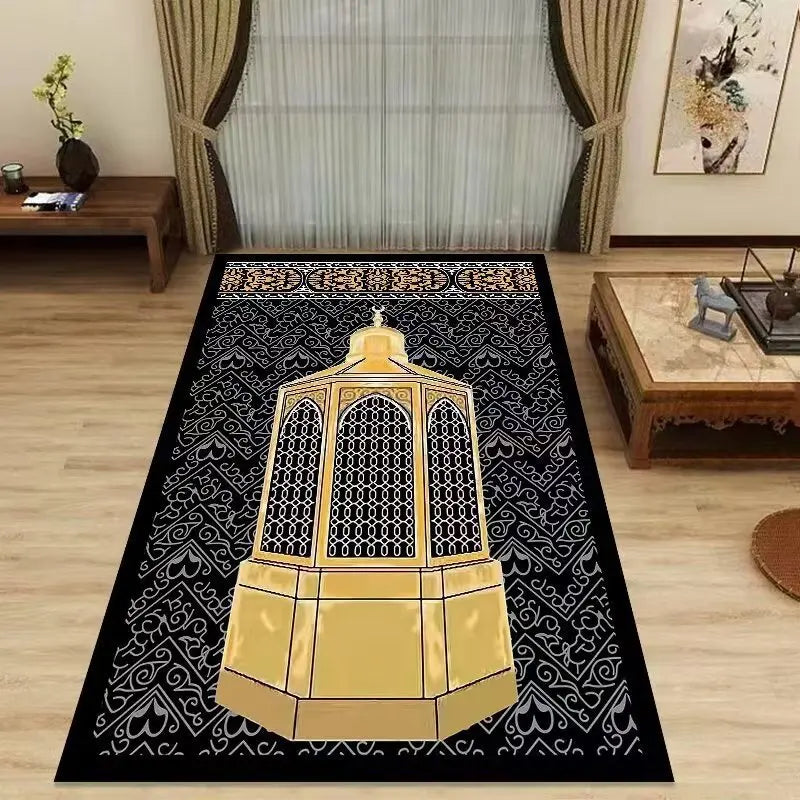 tapis prière islamique bleu motif arabesque doré culte musulman maison salon décoratif