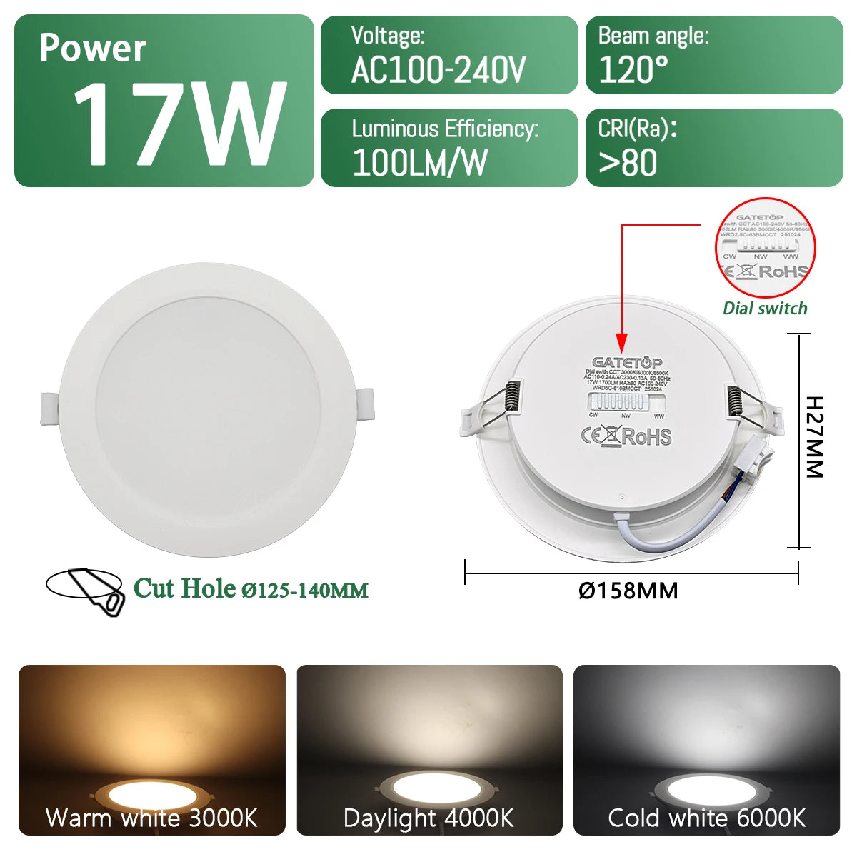 spot led blanc moderne 3000k 4000k 6500k interrupteur cct 75mm 90mm