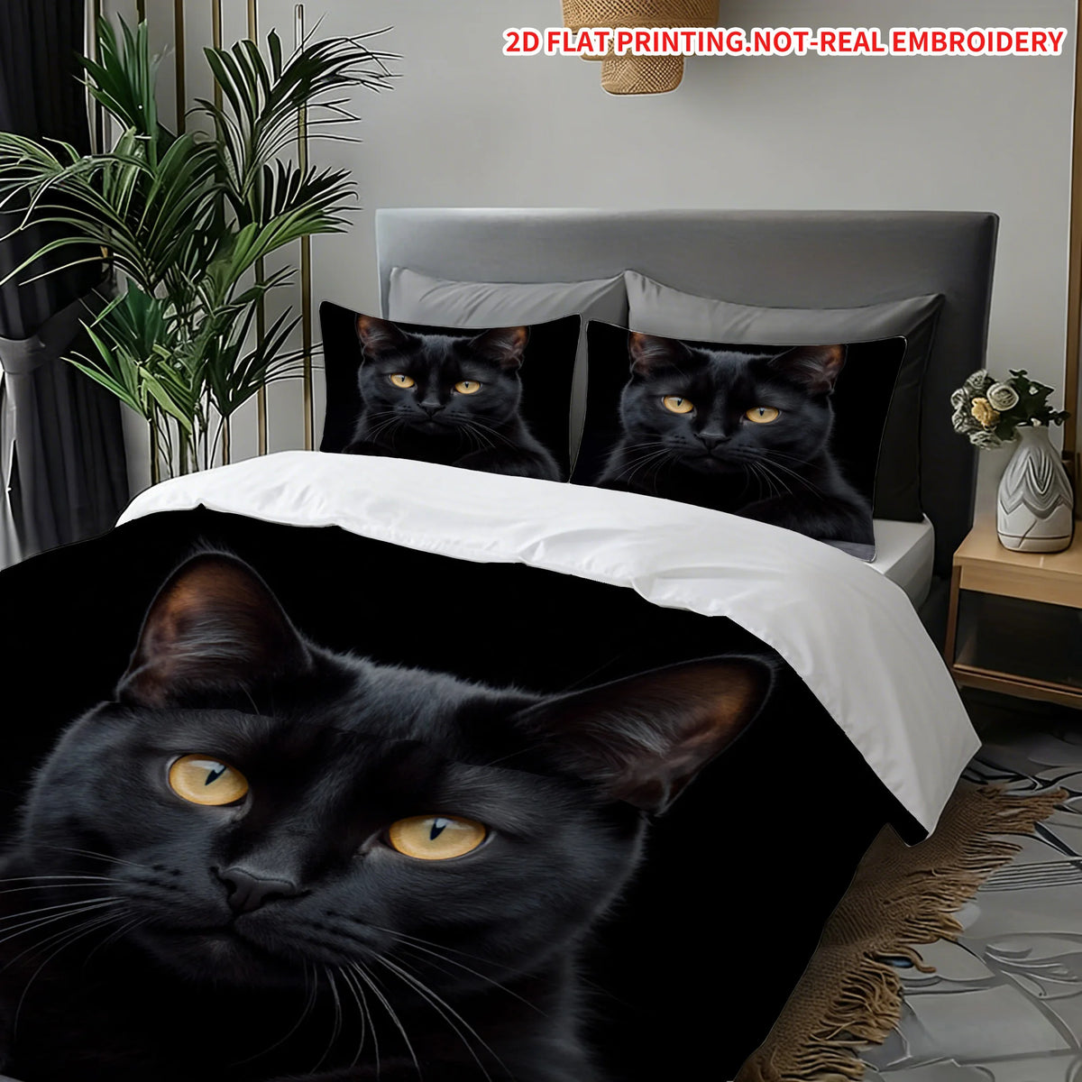 ensemble literie moderne couvre lit taies oreillers imprimé chat noir polyester coton lavable machine
