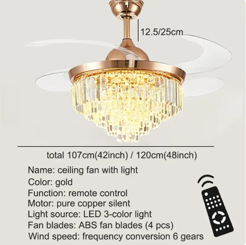 ventilateur moderne doré noir cristal brillant télécommande led élégant transparent fixations