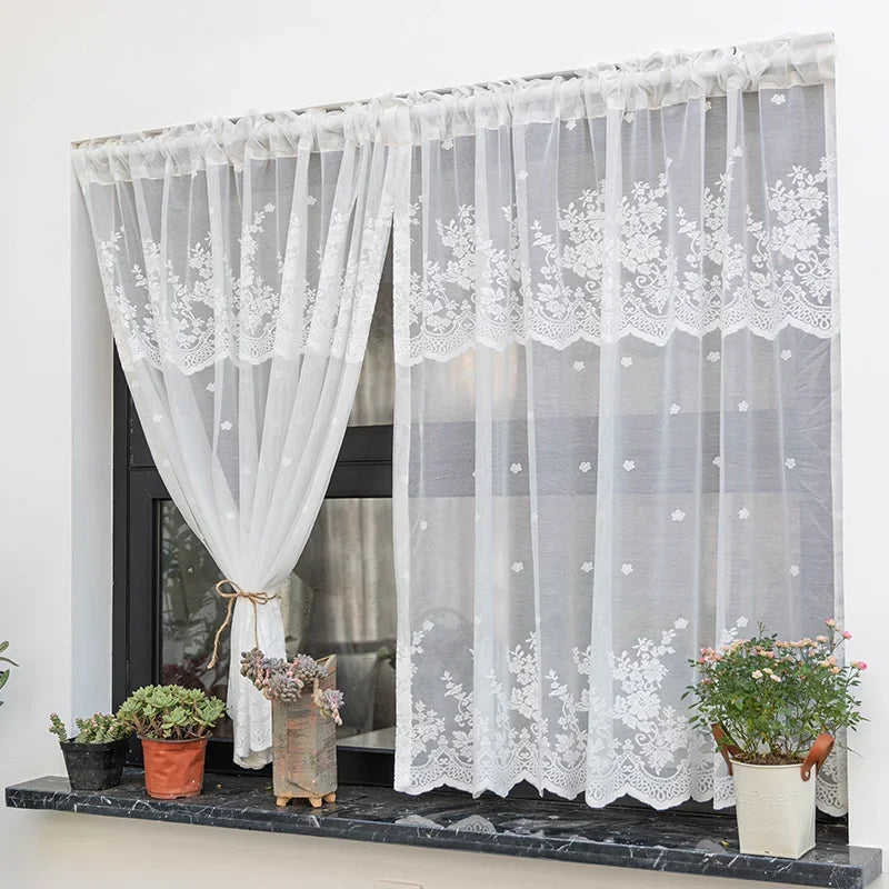 rideau blanc brodé fleur transparent classique cuisine tulle polyester inclusion ruban fixation