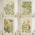 tapisserie vintage illustrative botanique fleurs feuilles salon chambre rouge orangé blanc
